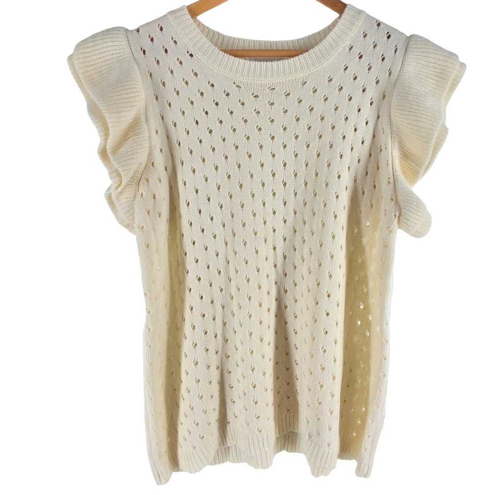 Blakeley Casey Cream Pointelle Ruffle Cap Sleeve Sweater Top Plus 1XL